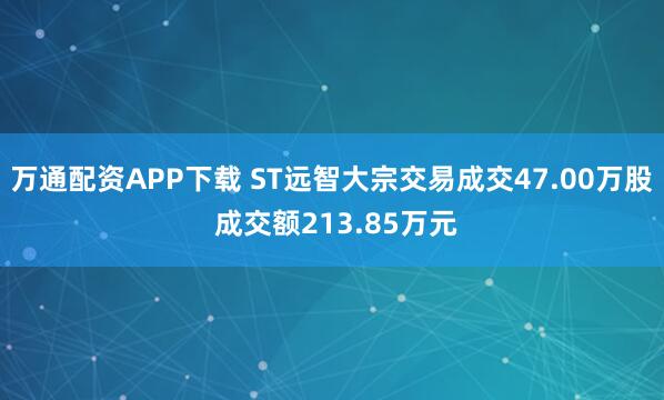 万通配资APP下载 ST远智大宗交易成交47.00万股 成交额213.85万元